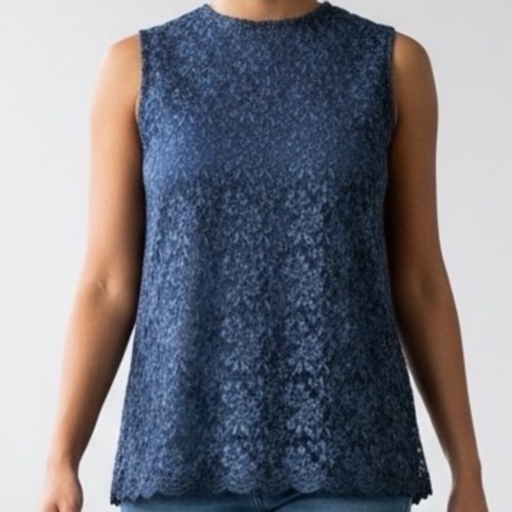 BFA Classics Tank Top Navy‎ Blue Floral Lace Scalloped Hem Victorian romantic